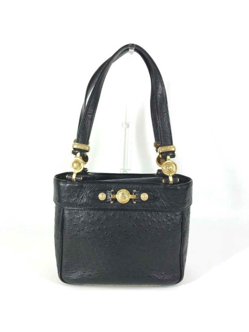 Versace Shoulder Bag Logo Sunburst Vintage Embossed Leather Black